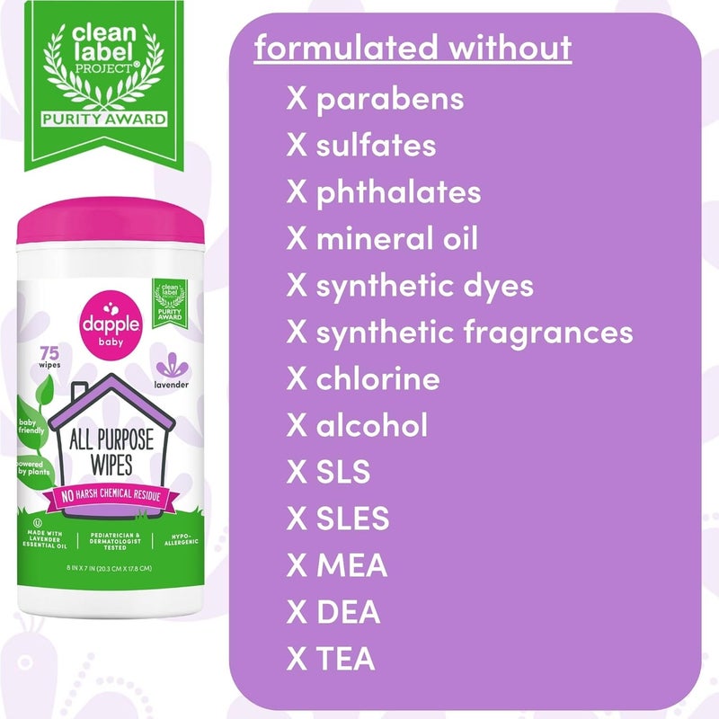 dapple Baby All Purpose Wipes, Plant Powered, Hint of Lavender, Hypoallergenic, 75 Count Canister + 30 Count - Image 3